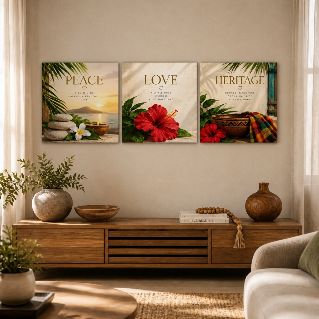 Peace • Love • Heritage | 3-Piece Caribbean-Inspired Printable Wall Art Set | Island Heritage Collection